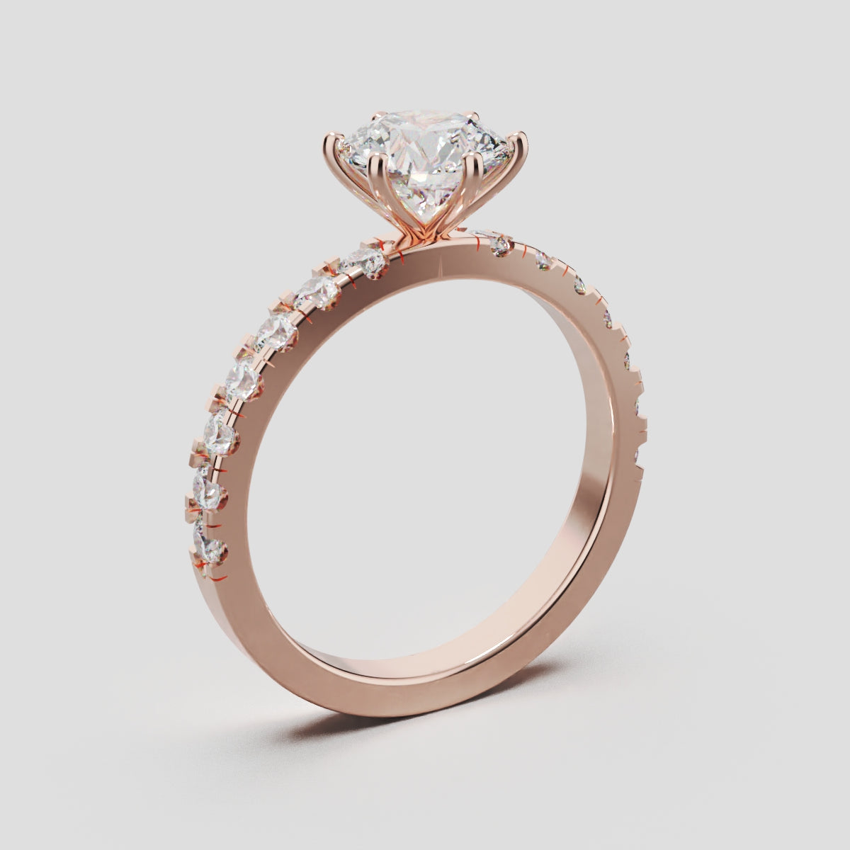 Selciato, 1ct round lab grown diamond engagement ring, 2.0mm Pave, 6 Prongs, 18K rose gold - ne