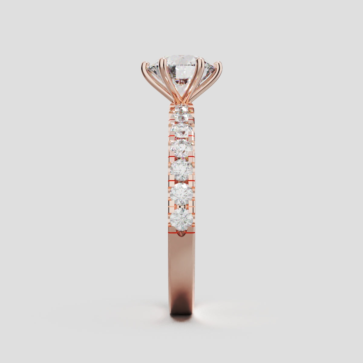 Selciato, 1ct round lab grown diamond engagement ring, 2.0mm Pave, 6 Prongs, 18K rose gold - side view