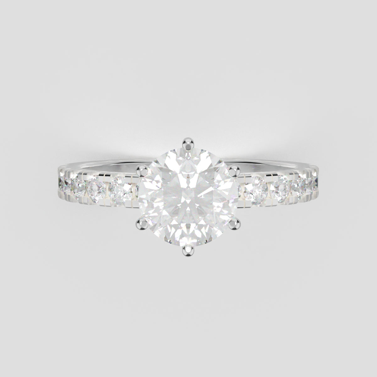 Selciato, 1ct round lab grown diamond engagement ring, 2.0mm Pave, 6 Prongs, 18K white gold - front view