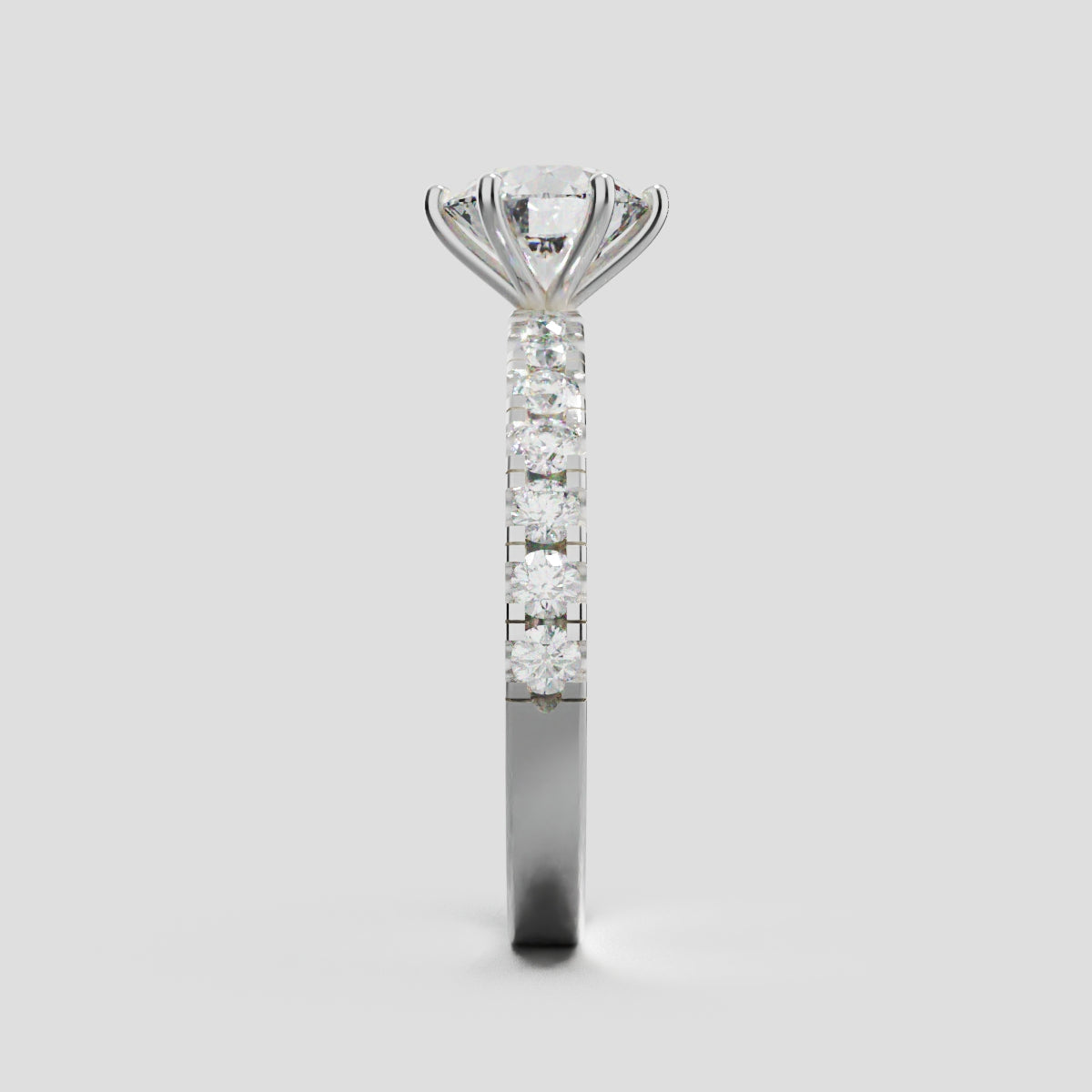 Selciato, 1ct round lab grown diamond engagement ring, 2.0mm Pave, 6 Prongs, 18K white gold - side view