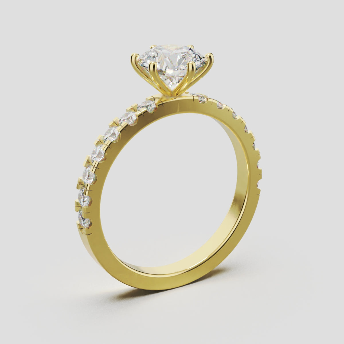 Selciato, 1ct round lab grown diamond engagement ring, 2.0mm Pave, 6 Prongs, 18K yellow gold - ne