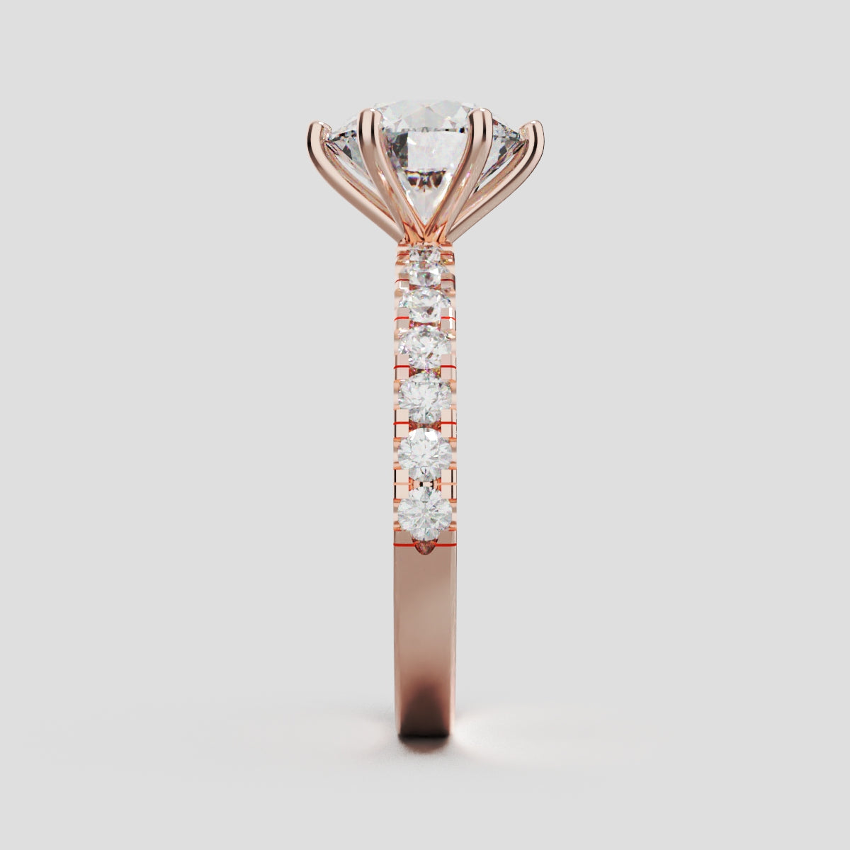 Selciato, 2ct round lab grown diamond engagement ring, 2.0mm Pave, 6 Prongs, 18K rose gold - side view