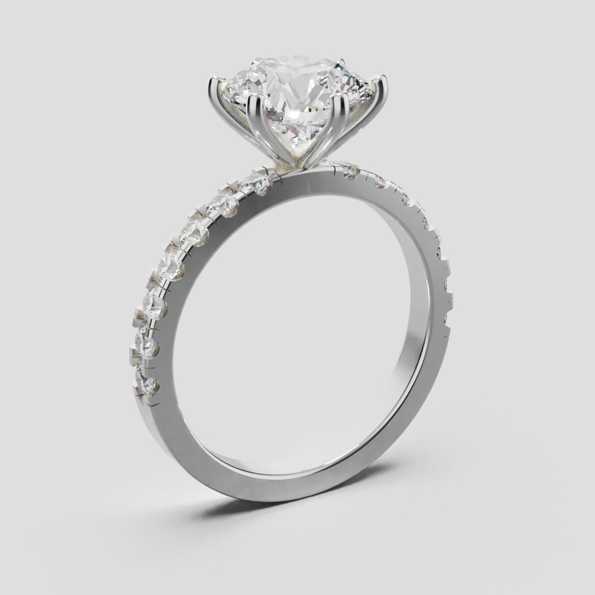 Selciato, 2ct round lab grown diamond engagement ring, 2.0mm Pave, 6 Prongs, 18K white gold - ne