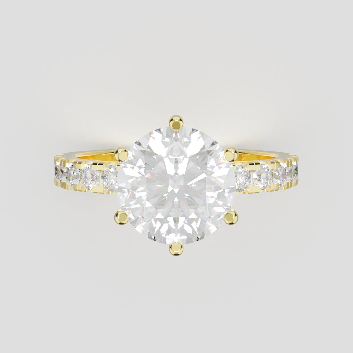 Selciato, 2ct round lab grown diamond engagement ring, 2.0mm Pave, 6 Prongs, 18K yellow gold - front view
