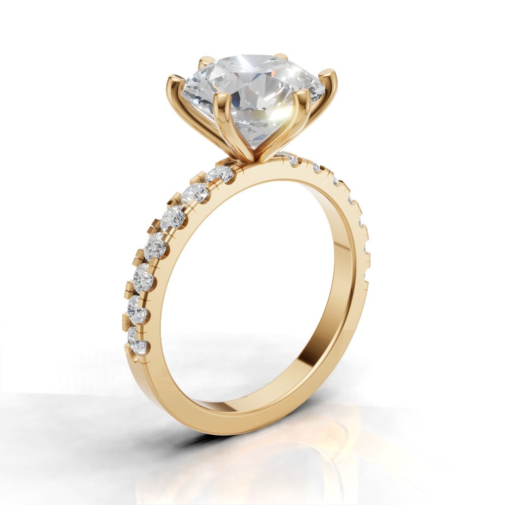 Selciato, 3ct round lab grown diamond engagement ring, 2.0mm Pave, 6 Prongs, 18K yellow gold - ne