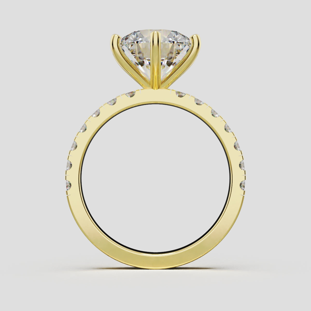 Selciato, 3ct round lab grown diamond engagement ring, 2.0mm Pave, 6 Prongs, 18K yellow gold - through finger