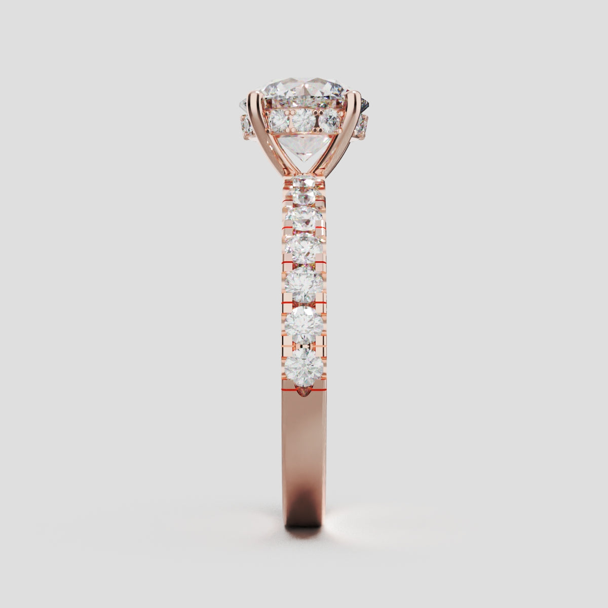 Nimbo, 1.5ct round lab grown diamond engagement ring, 2.0mm Pave, Hidden Halo, 4 Prongs, 18K rose gold - side view