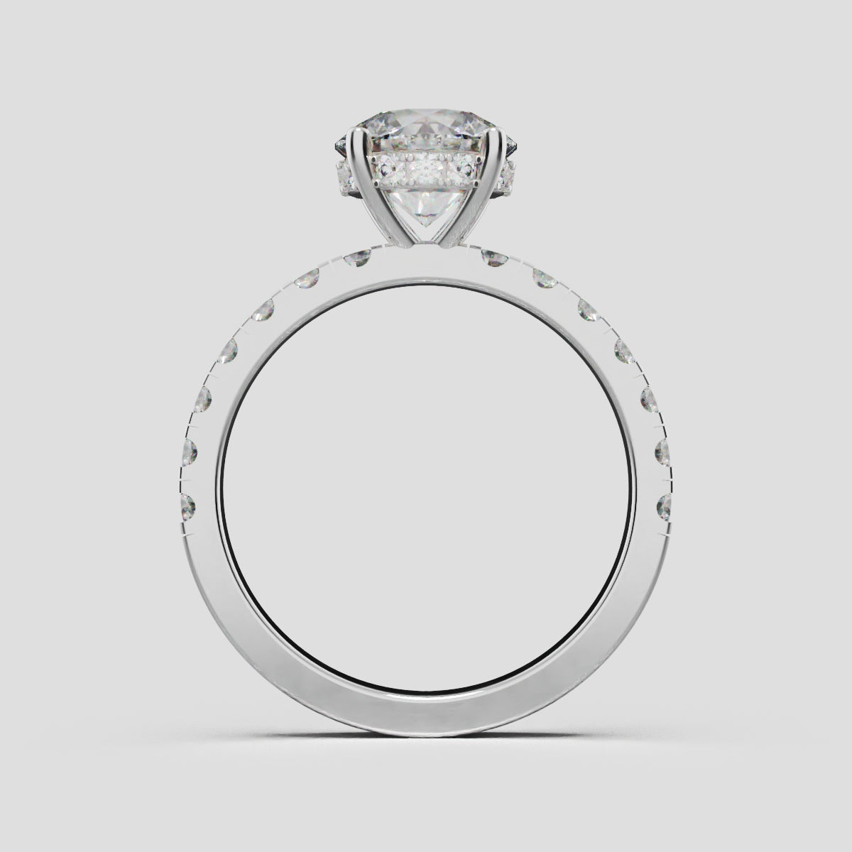 Nimbo, 1.5ct round lab grown diamond engagement ring, 2.0mm Pave, Hidden Halo, 4 Prongs, 18K white gold - through finger