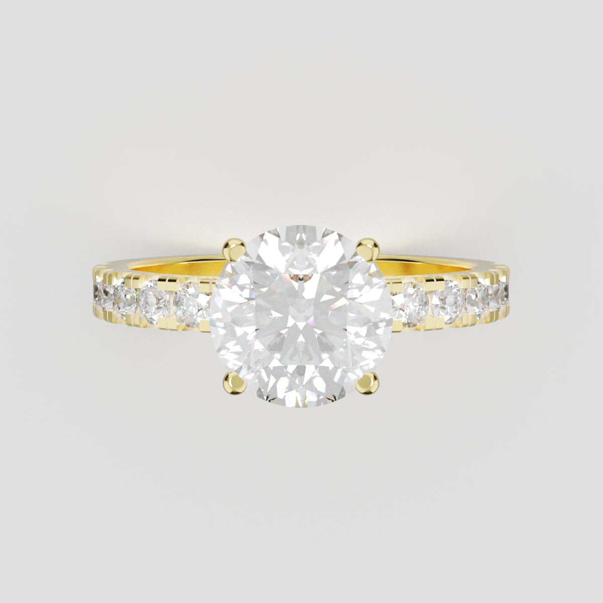 Nimbo, 1.5ct round lab grown diamond engagement ring, 2.0mm Pave, Hidden Halo, 4 Prongs, 18K yellow gold - front view