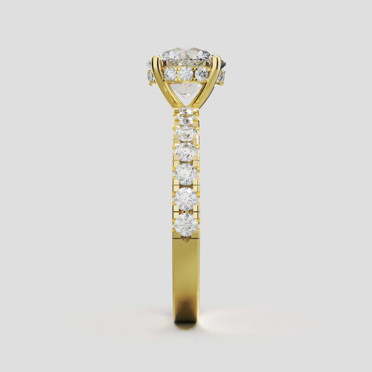 Nimbo, 1.5ct round lab grown diamond engagement ring, 2.0mm Pave, Hidden Halo, 4 Prongs, 18K yellow gold - side view