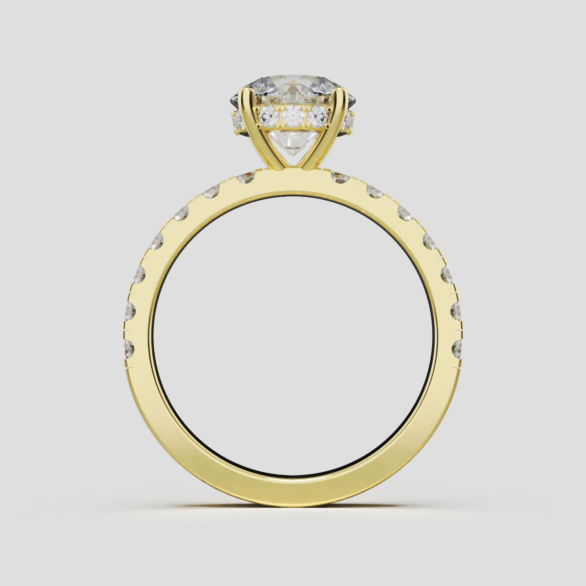 Nimbo, 1.5ct round lab grown diamond engagement ring, 2.0mm Pave, Hidden Halo, 4 Prongs, 18K yellow gold - through finger