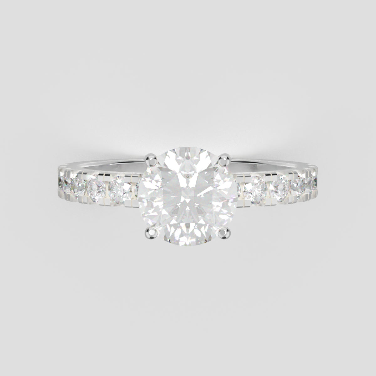 Nimbo, 1ct round lab grown diamond engagement ring, 2.0mm Pave, Hidden Halo, 4 Prongs, 18K white gold - front view