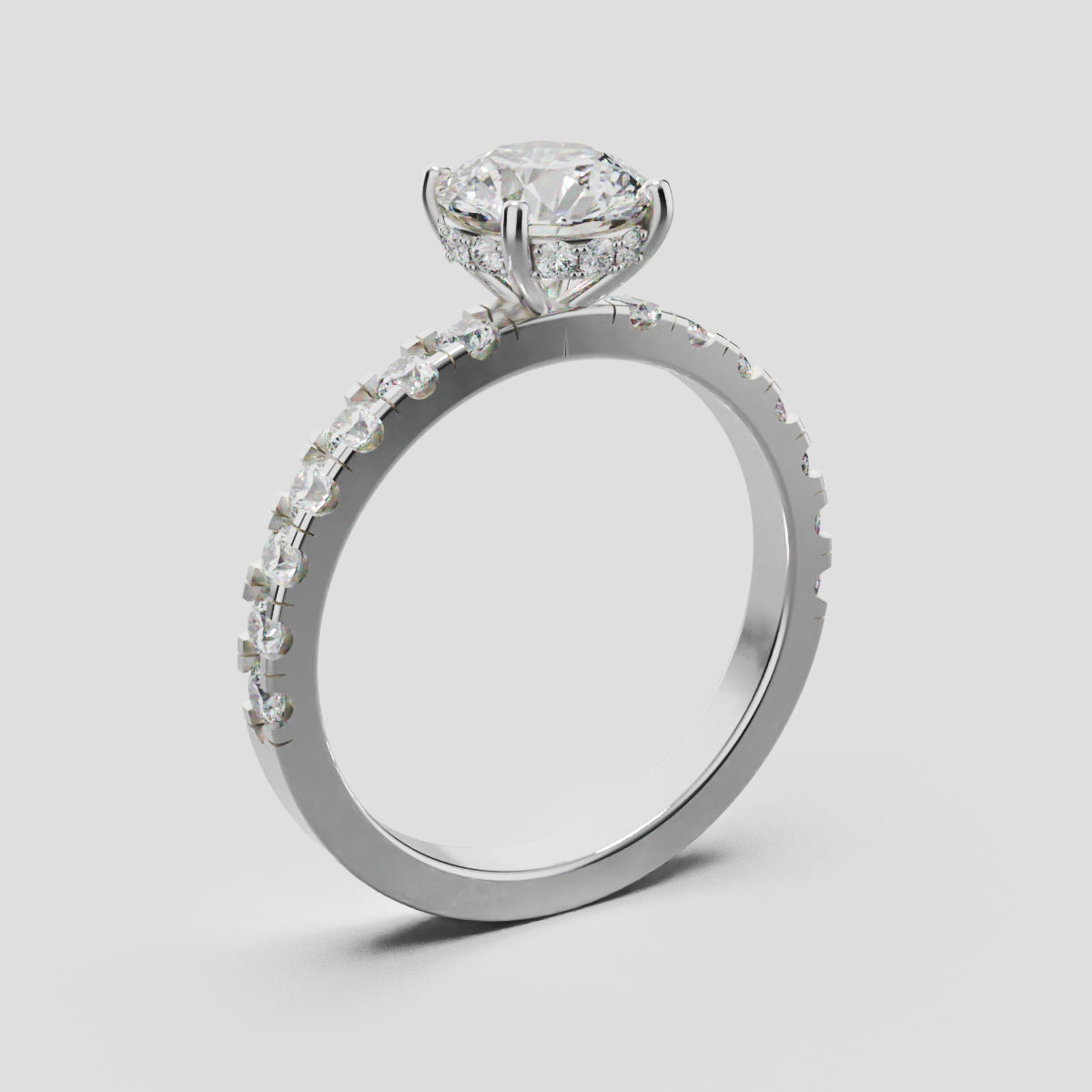 Nimbo, 1ct round lab grown diamond engagement ring, 2.0mm Pave, Hidden Halo, 4 Prongs, 18K white gold - ne