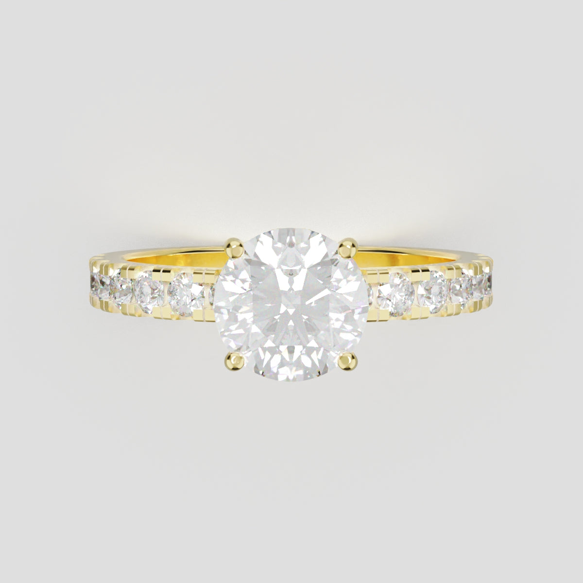 Nimbo, 1ct round lab grown diamond engagement ring, 2.0mm Pave, Hidden Halo, 4 Prongs, 18K yellow gold - front view