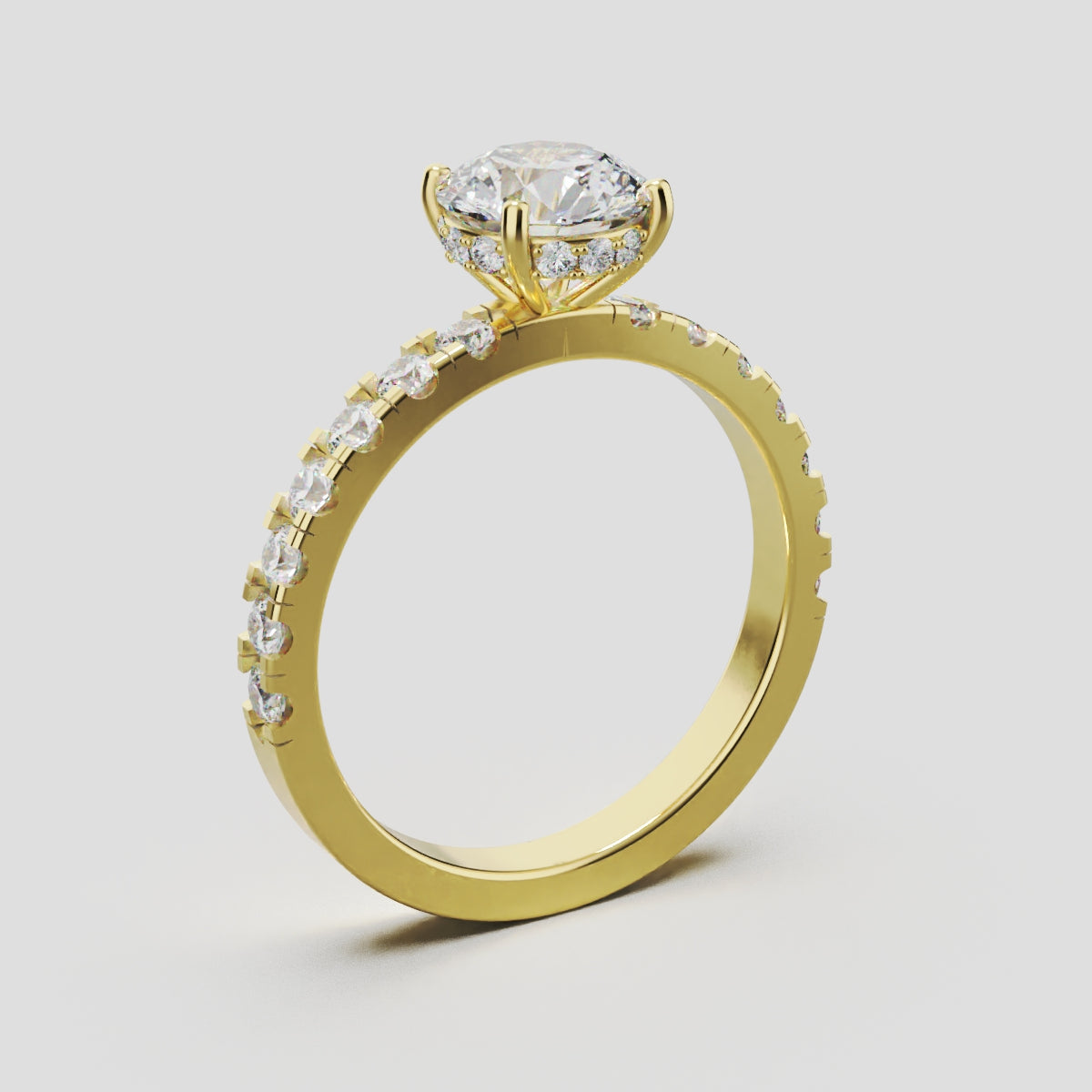 Nimbo, 1ct round lab grown diamond engagement ring, 2.0mm Pave, Hidden Halo, 4 Prongs, 18K yellow gold - ne