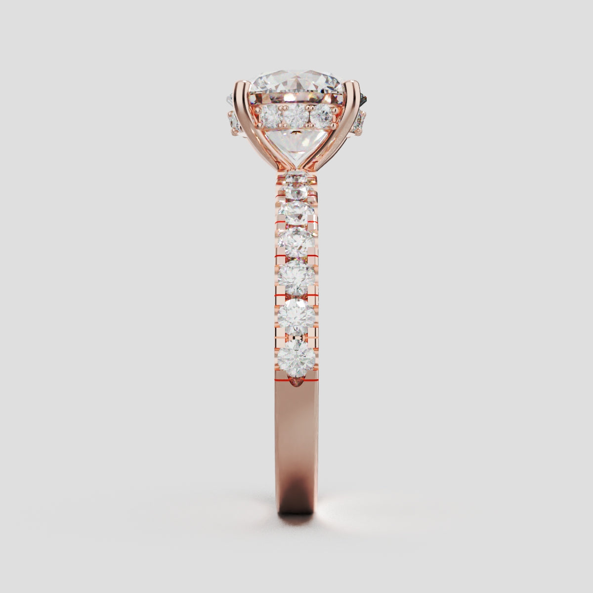 Nimbo, 2ct round lab grown diamond engagement ring, 2.0mm Pave, Hidden Halo, 4 Prongs, 18K rose gold - side view