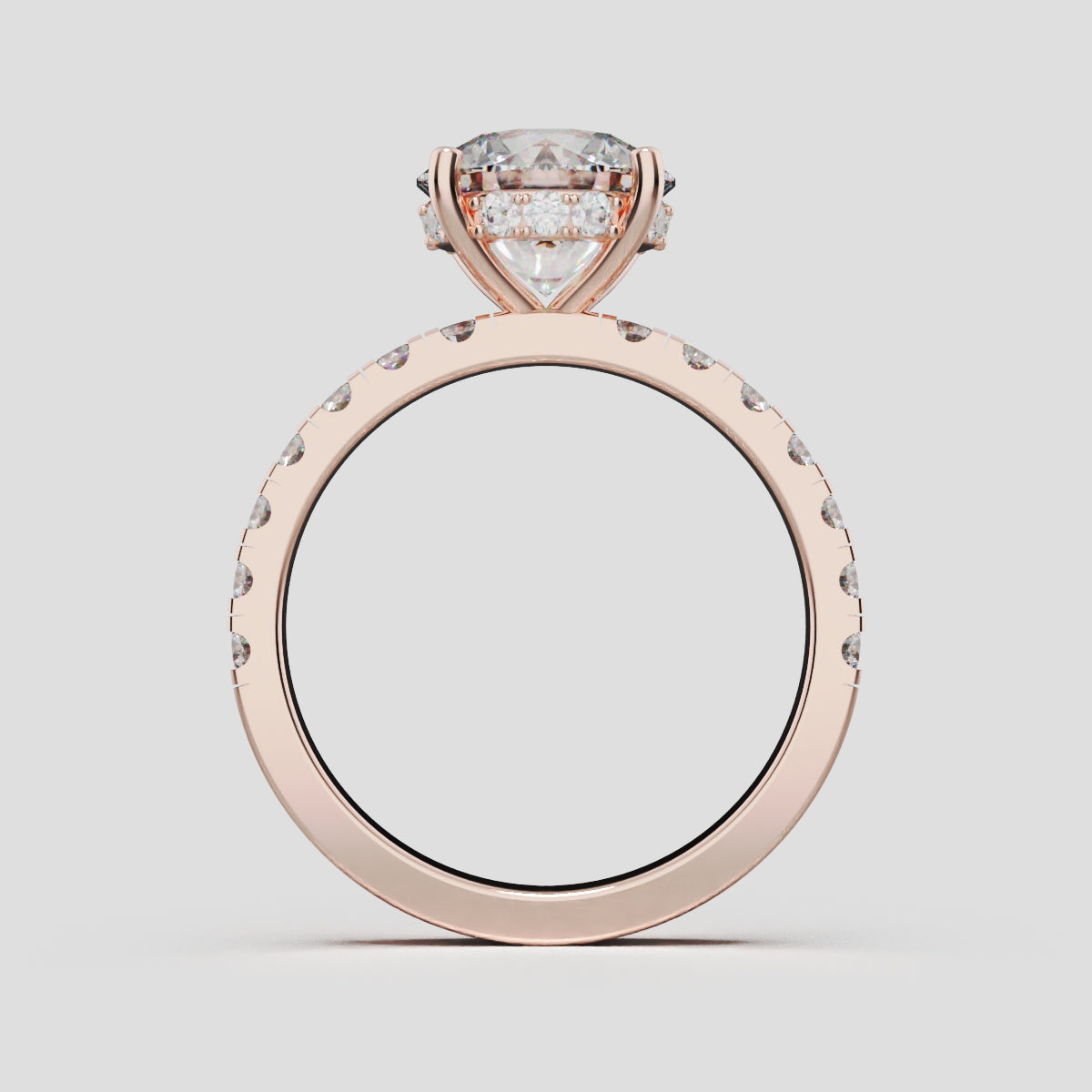 Nimbo, 2ct round lab grown diamond engagement ring, 2.0mm Pave, Hidden Halo, 4 Prongs, 18K rose gold - through finger