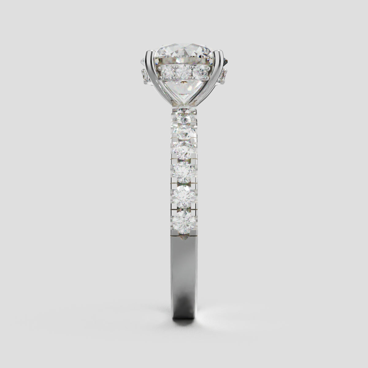 Nimbo, 2ct round lab grown diamond engagement ring, 2.0mm Pave, Hidden Halo, 4 Prongs, 18K white gold - side view