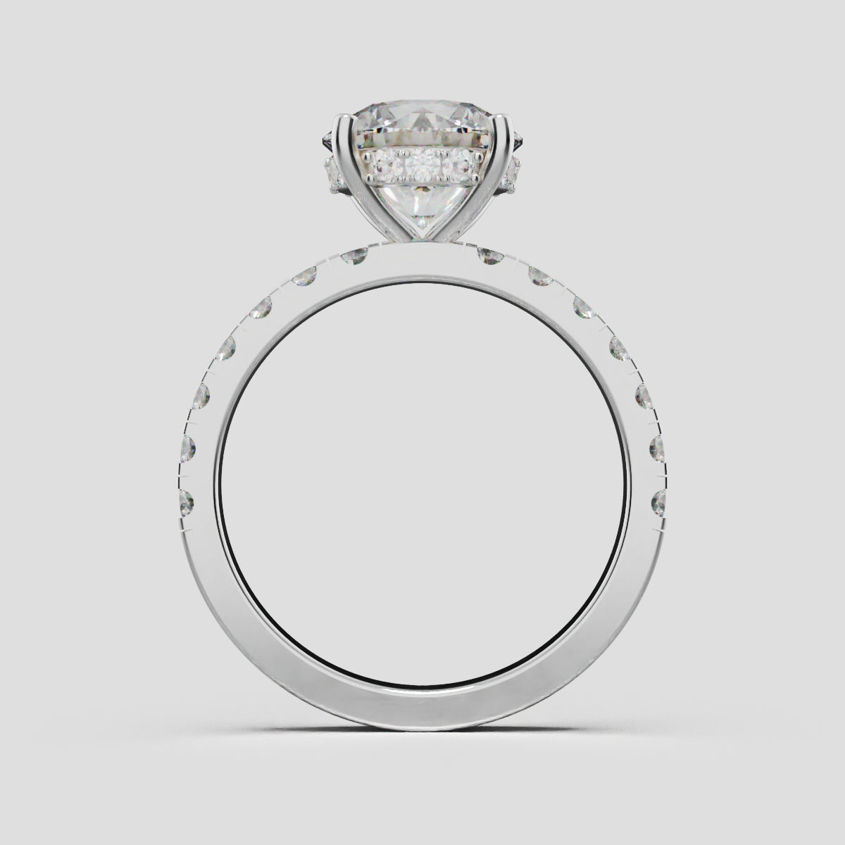 Nimbo, 2ct round lab grown diamond engagement ring, 2.0mm Pave, Hidden Halo, 4 Prongs, 18K white gold - through finger