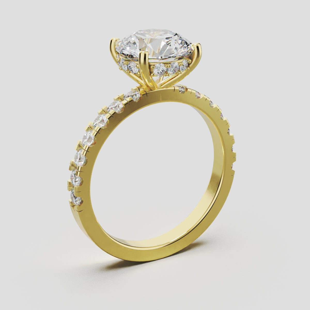 Nimbo, 2ct round lab grown diamond engagement ring, 2.0mm Pave, Hidden Halo, 4 Prongs, 18K yellow gold - ne