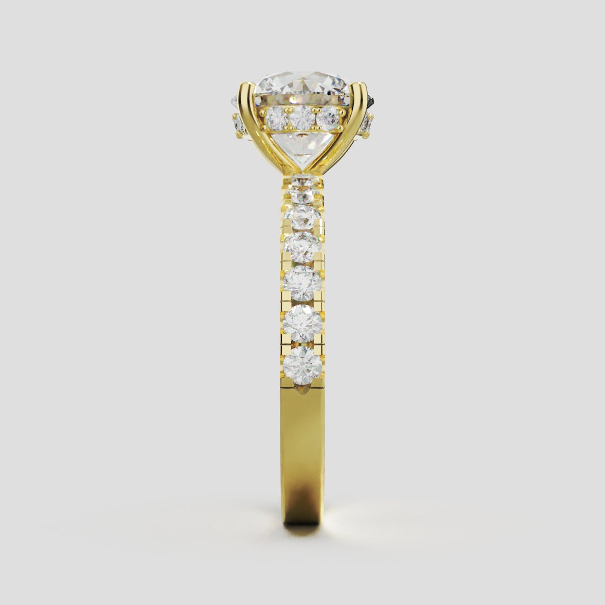 Nimbo, 2ct round lab grown diamond engagement ring, 2.0mm Pave, Hidden Halo, 4 Prongs, 18K yellow gold - side view