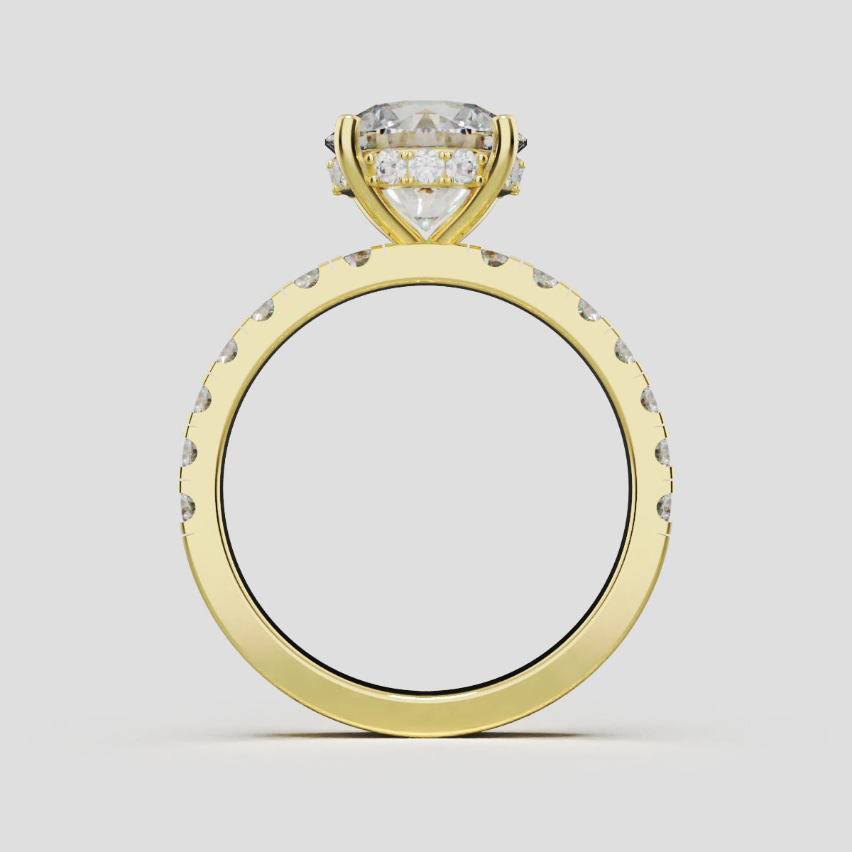 Nimbo, 2ct round lab grown diamond engagement ring, 2.0mm Pave, Hidden Halo, 4 Prongs, 18K yellow gold - through finger