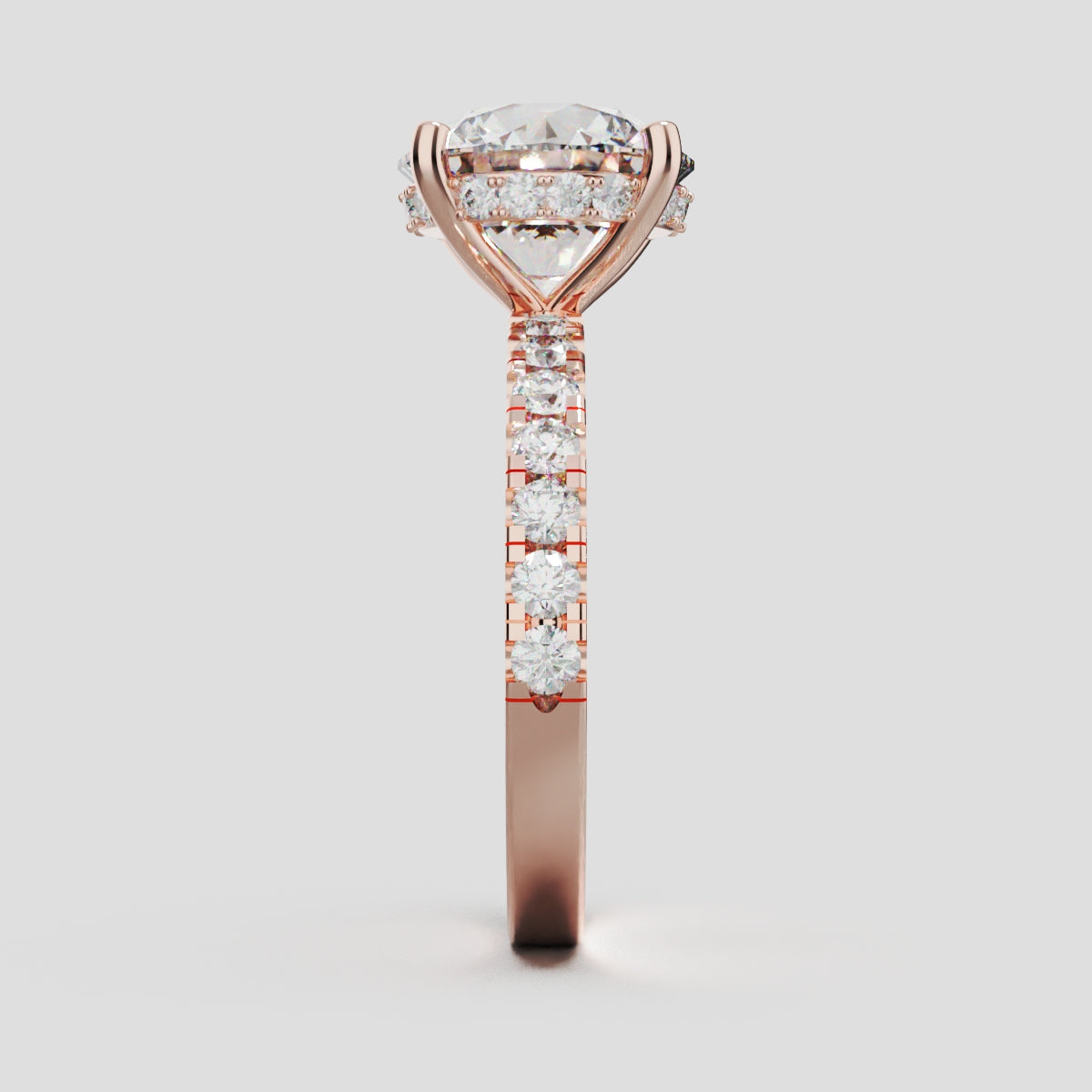 Nimbo, 3ct round lab grown diamond engagement ring, 2.0mm Pave, Hidden Halo, 4 Prongs, 18K rose gold - side view