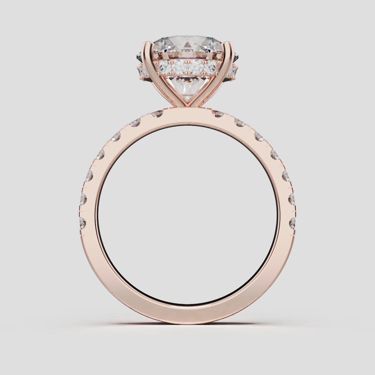 Nimbo, 3ct round lab grown diamond engagement ring, 2.0mm Pave, Hidden Halo, 4 Prongs, 18K rose gold - through finger