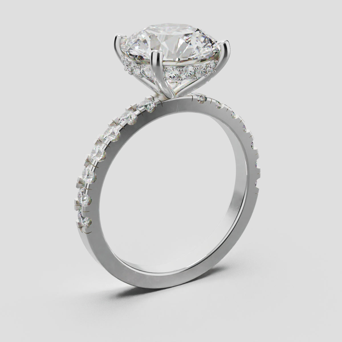Nimbo, 3ct round lab grown diamond engagement ring, 2.0mm Pave, Hidden Halo, 4 Prongs, 18K white gold - ne