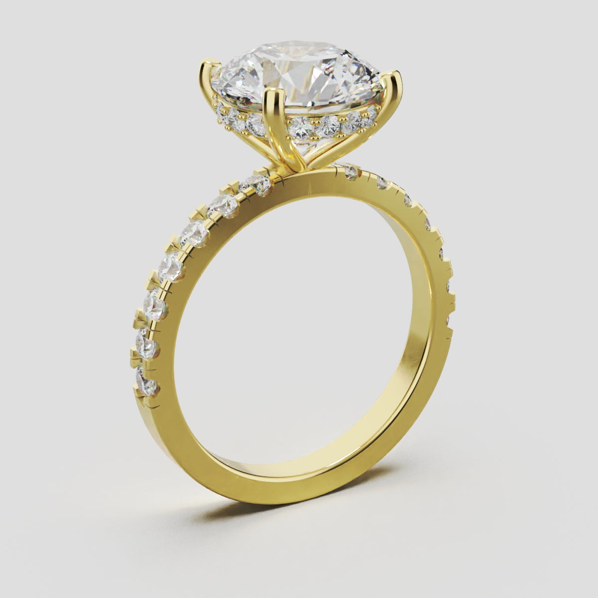 Nimbo, 3ct round lab grown diamond engagement ring, 2.0mm Pave, Hidden Halo, 4 Prongs, 18K yellow gold - ne
