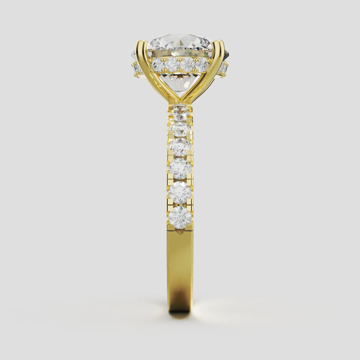 Nimbo, 3ct round lab grown diamond engagement ring, 2.0mm Pave, Hidden Halo, 4 Prongs, 18K yellow gold - side view