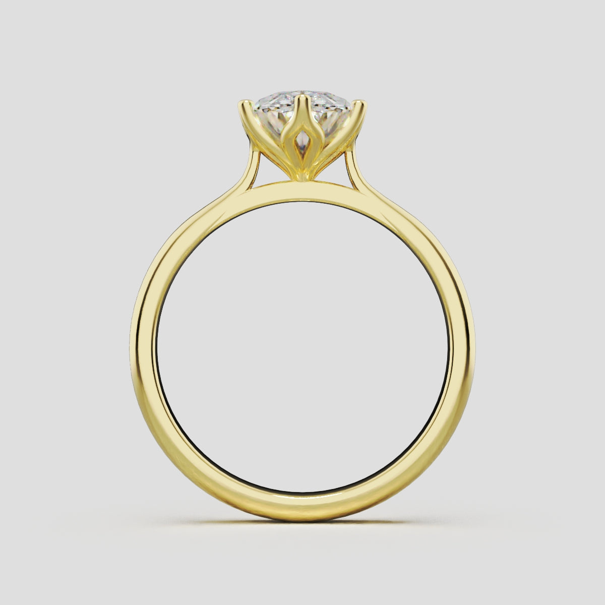 Ninfea, 1.5ct oval lab grown diamond engagement ring, Petal Cathedral, 18K yellow gold - through finger