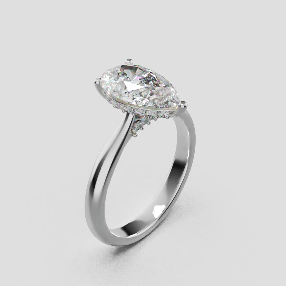 Campanile, 1.5ct pear lab grown diamond engagement ring, Cathedral Hidden Halo Bridge, 18K white gold - turning