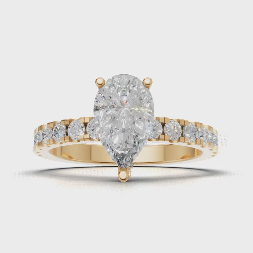 Alcova, 1ct pear lab grown diamond engagement ring, 2.0mm Pave, Hidden Halo, 18K yellow gold - turning