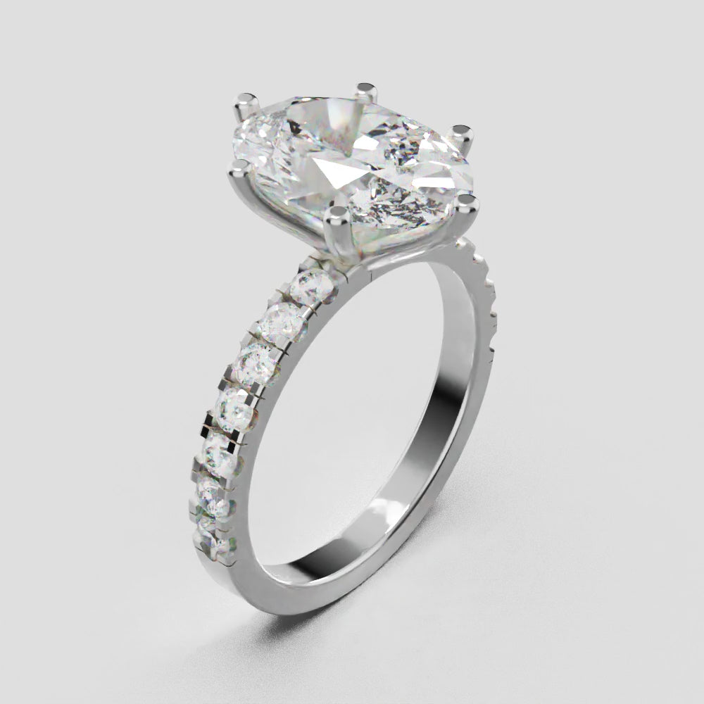 Bagliore, 3ct oval lab grown diamond engagement ring, 2.0mm Pave, 6 Prongs, 18K white gold - turning