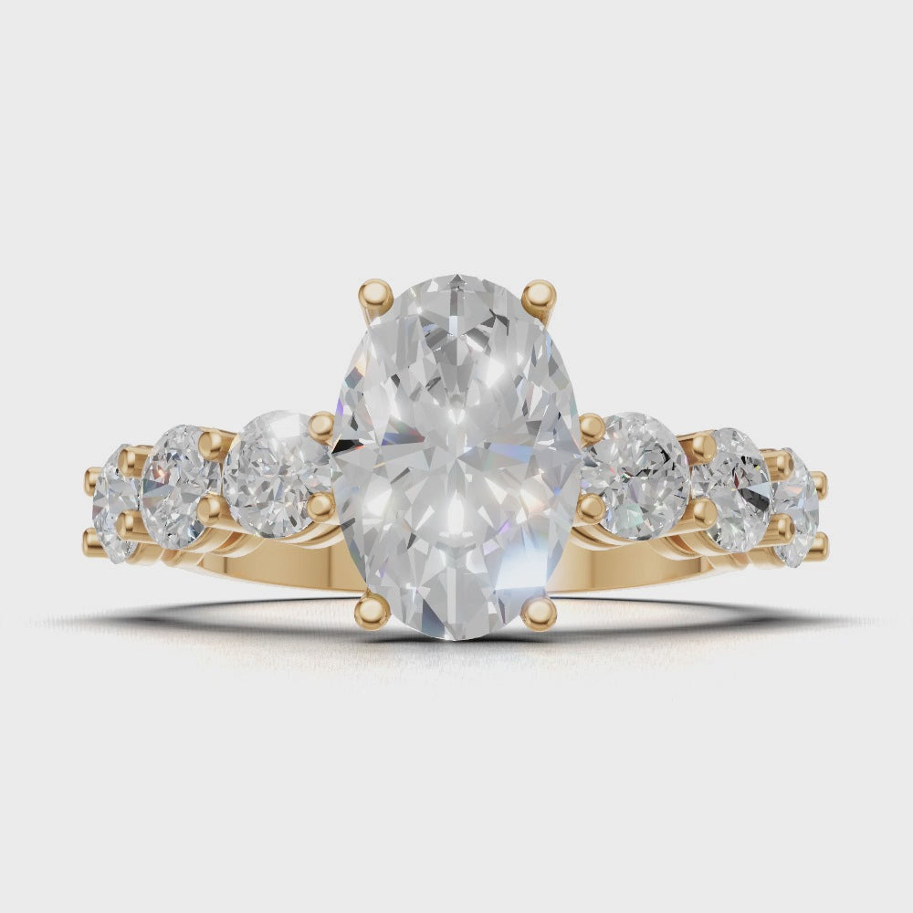 Delta, 1.5ct oval lab grown diamond engagement ring, 3.5mm Side Stones, 18K yellow gold - turning
