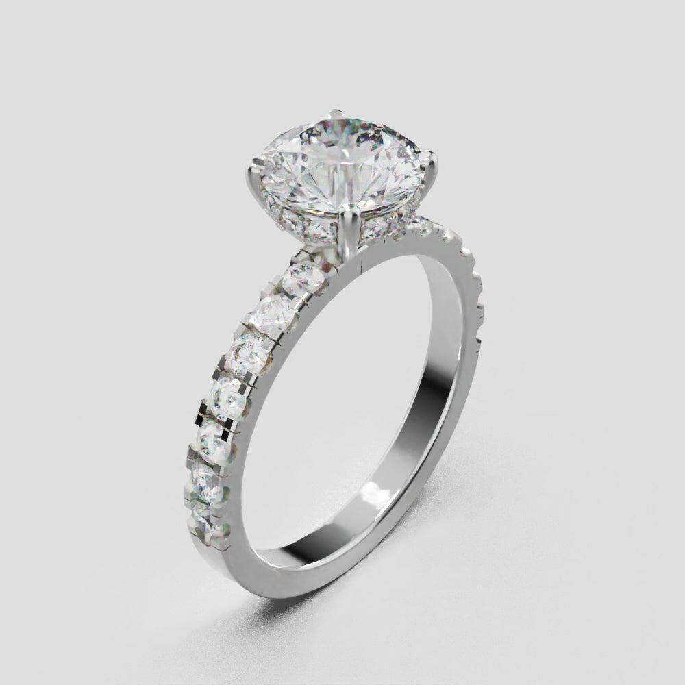 Nimbo, 1.5ct round lab grown diamond engagement ring, 2.0mm Pave, Hidden Halo, 4 Prongs, 18K white gold - turning