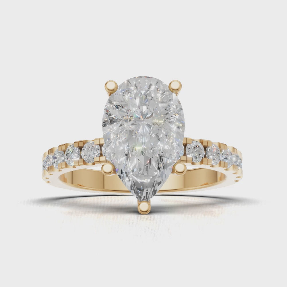 Corrente, 2ct pear lab grown diamond engagement ring, 2.0mm Pave, 5 Prongs, 18K yellow gold - turning