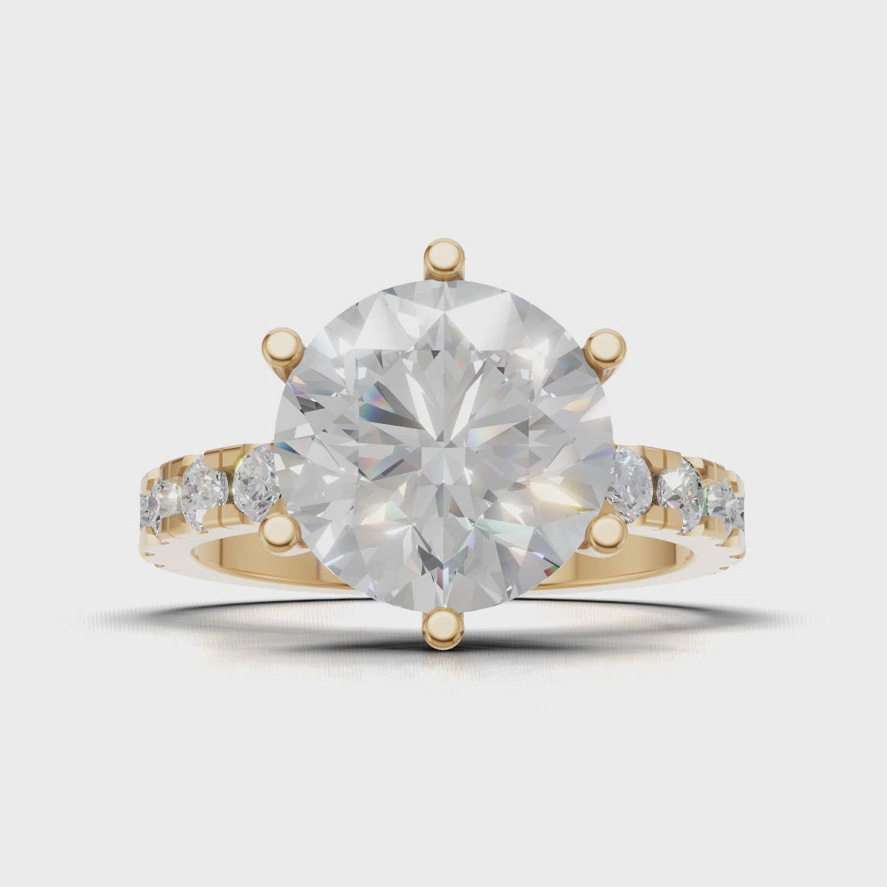 Via Lattea, 3ct round lab grown diamond engagement ring, 2.3mm Pave, 6 Prongs, 18K yellow gold - turning