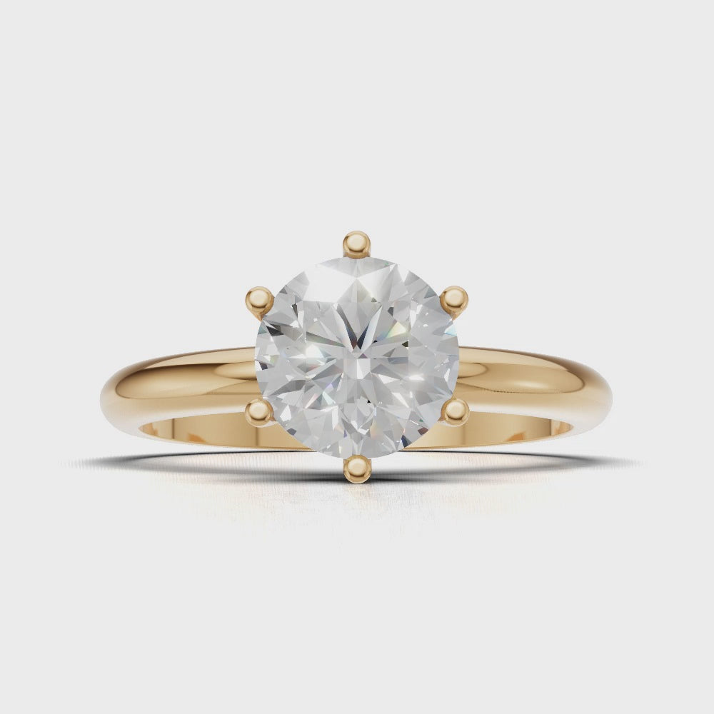 Sei Stelle, 1ct round lab grown diamond engagement ring, Plain Sides, 6 Prongs, 18K yellow gold - turning