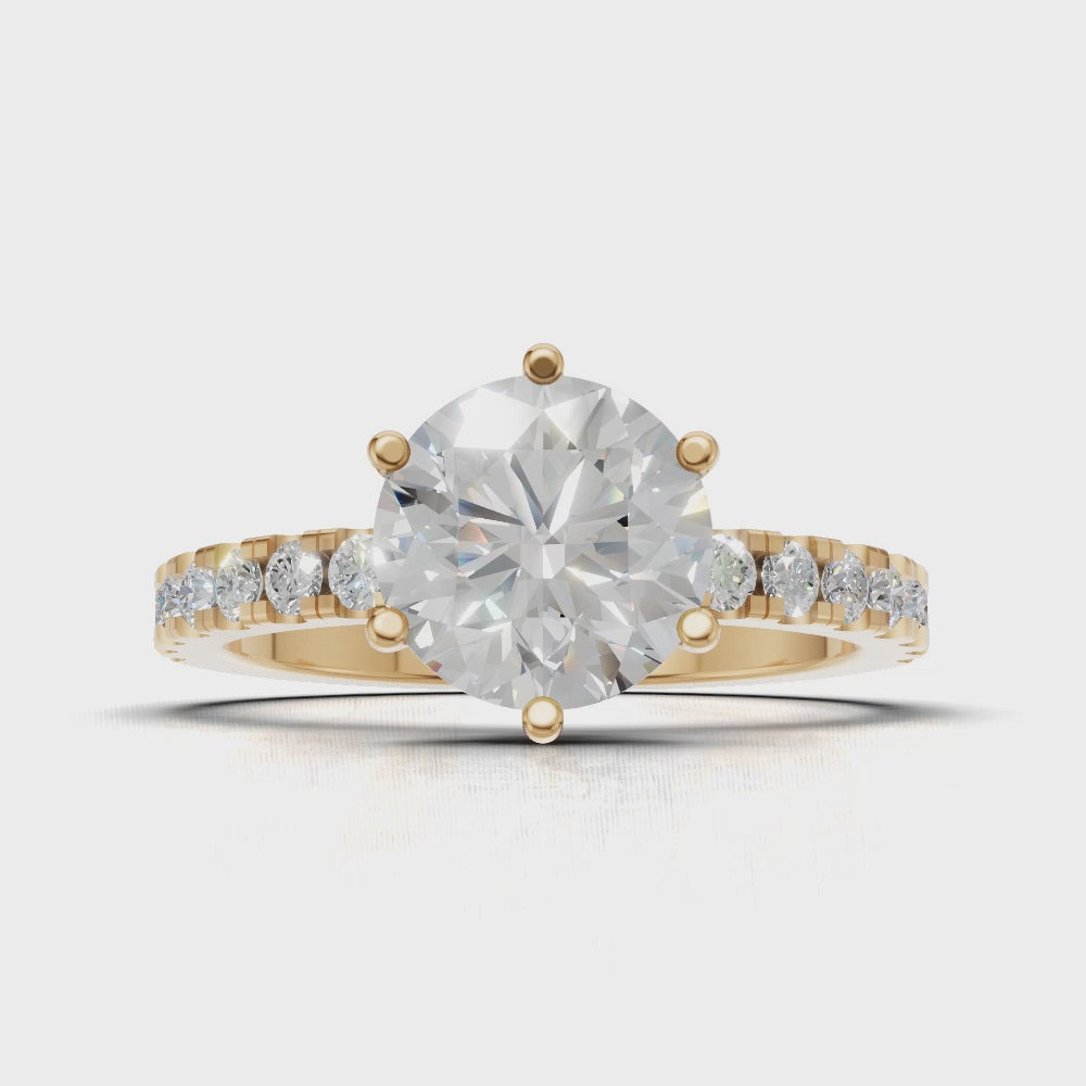 Rugiada, 1.5ct round lab grown diamond engagement ring, 1.8mm Pave, 6 Prongs, 18K yellow gold - turning