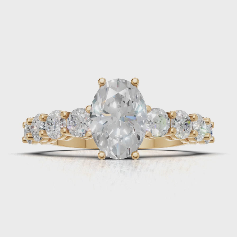 Fiume, 1ct oval lab grown diamond engagement ring, 3mm Side Stones, 18K yellow gold - turning