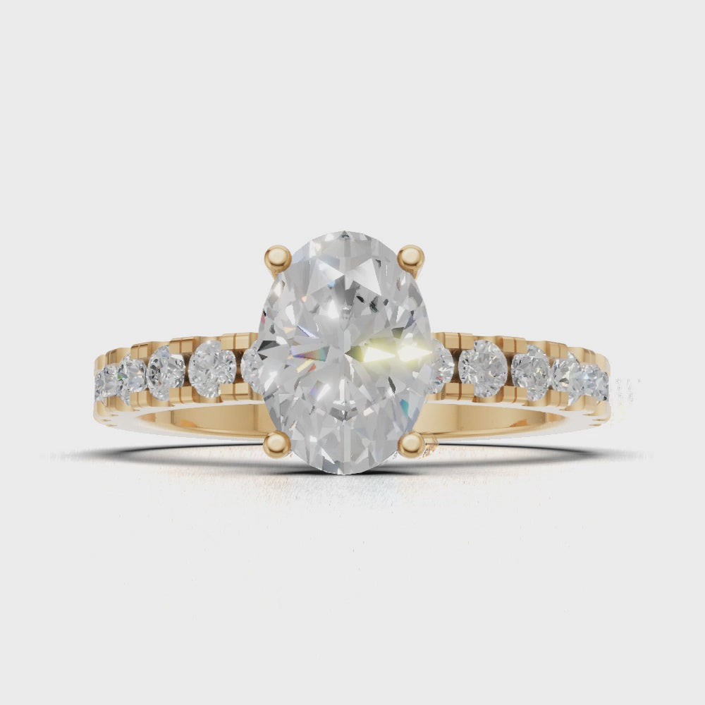 Penombra, 1ct oval lab grown diamond engagement ring, 2.0mm Pave, Hidden Halo, 18K yellow gold - turning