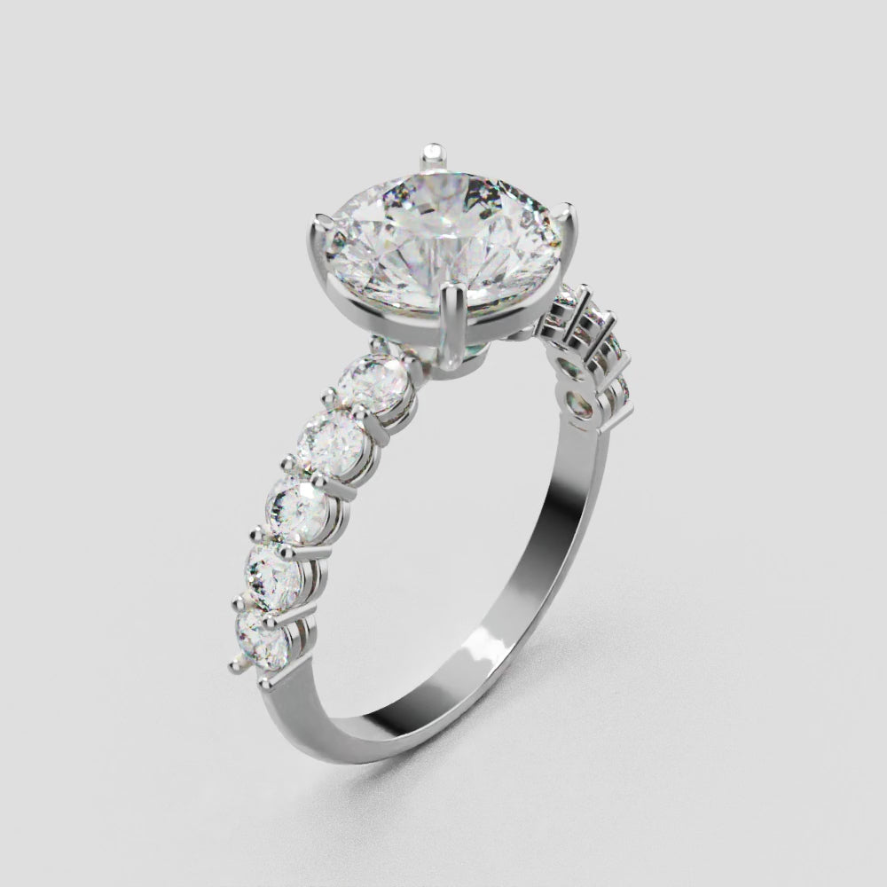 Sentiero, 2ct round lab grown diamond engagement ring, 2.5mm Side Stones, 18K white gold - turning