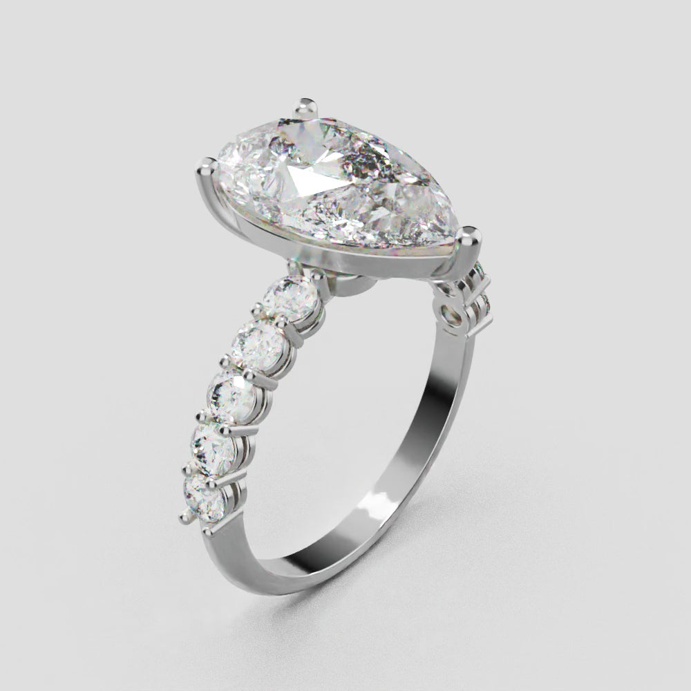 Stilla, 3ct pear lab grown diamond engagement ring, 2.5mm Side Stones, 18K white gold - turning