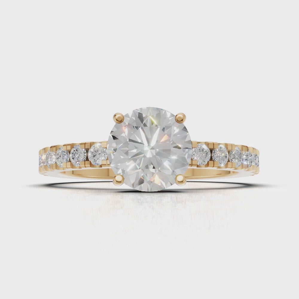 Brina, 1ct round lab grown diamond engagement ring, 1.8mm Pave, Hidden Halo, 4 Prongs, 18K yellow gold - turning