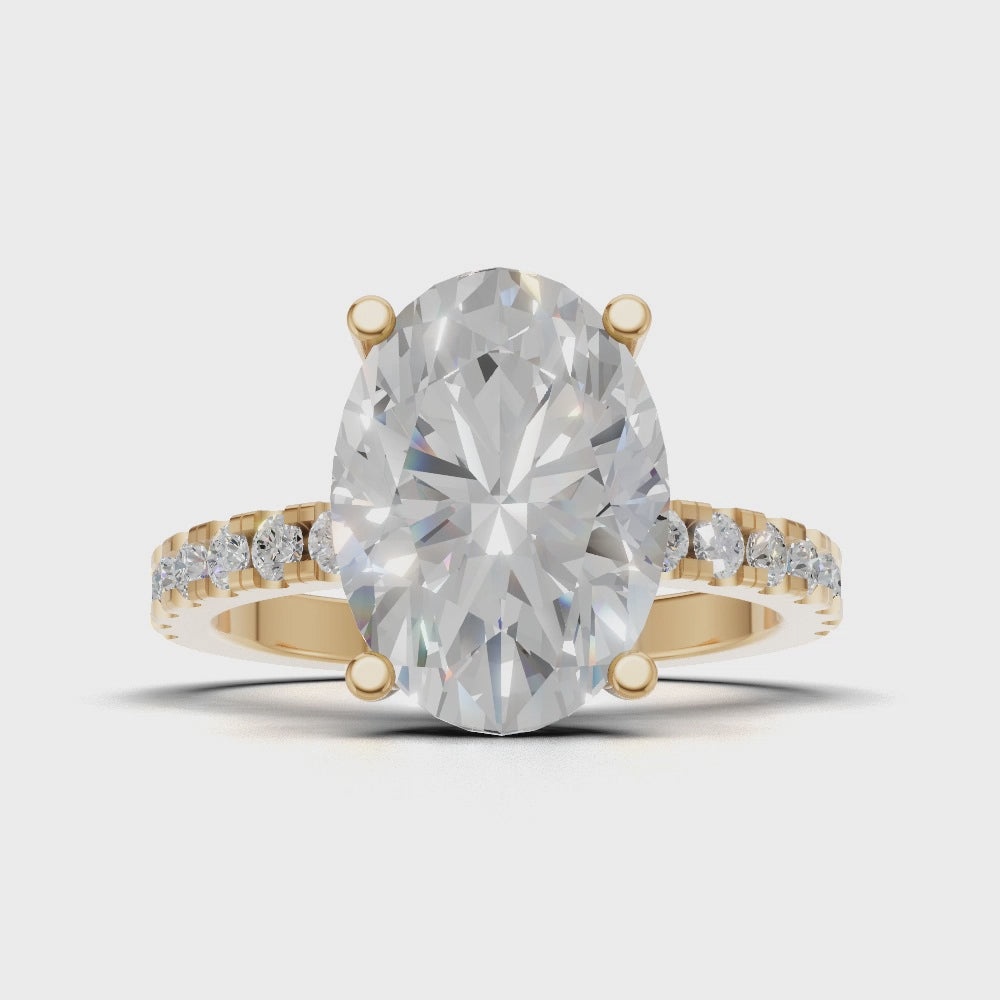 Foschia, 3ct oval lab grown diamond engagement ring, 1.8mm Pave, Hidden Halo, 18K yellow gold - turning