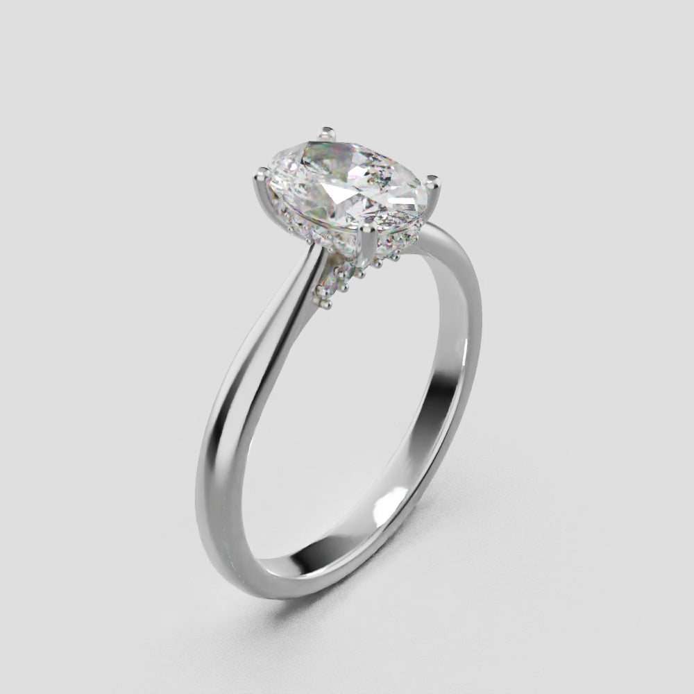Volta, 1ct oval lab grown diamond engagement ring, Cathedral Hidden Halo Bridge, 18K white gold - turning