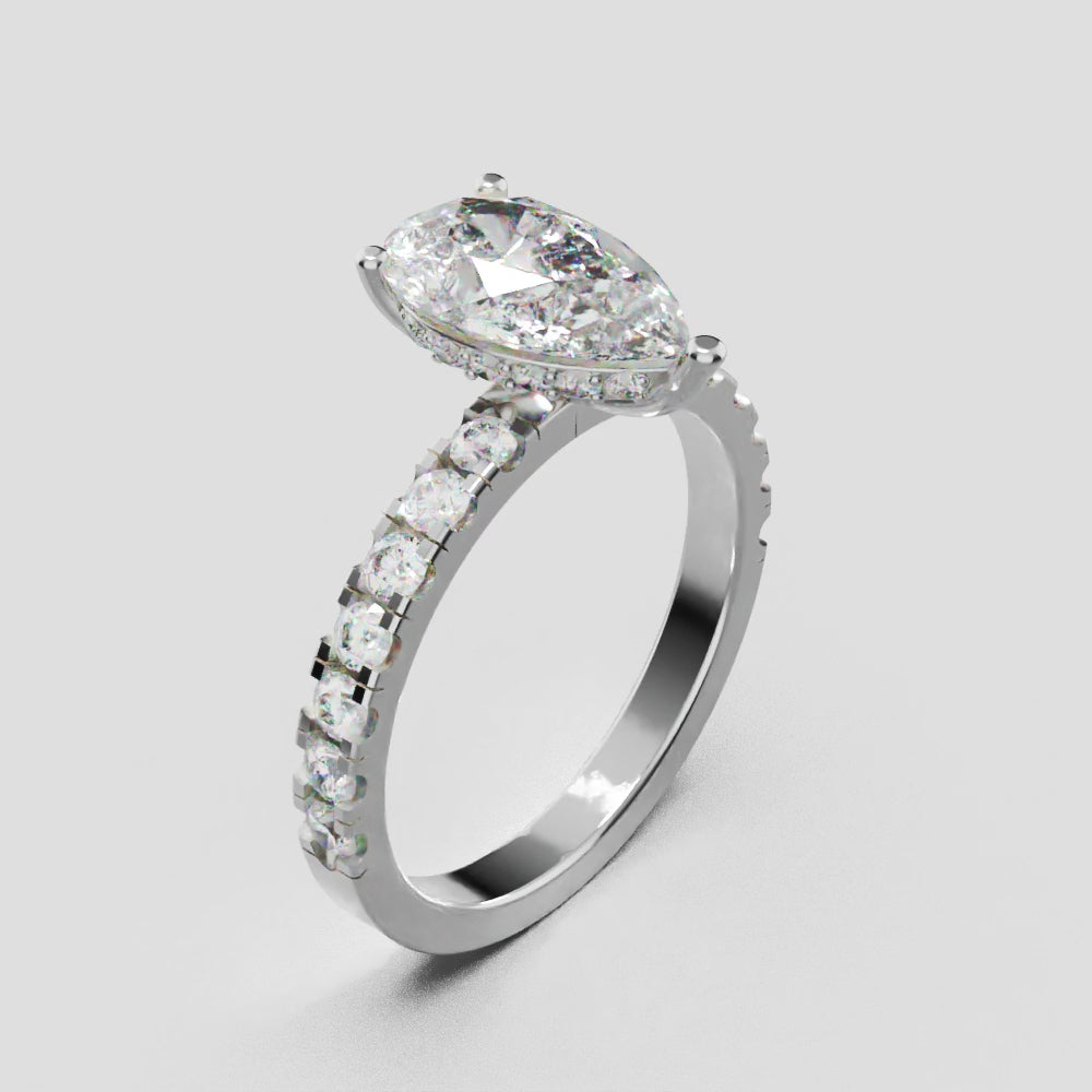 Alcova, 1.5ct pear lab grown diamond engagement ring, 2.0mm Pave, Hidden Halo, 18K white gold - turning