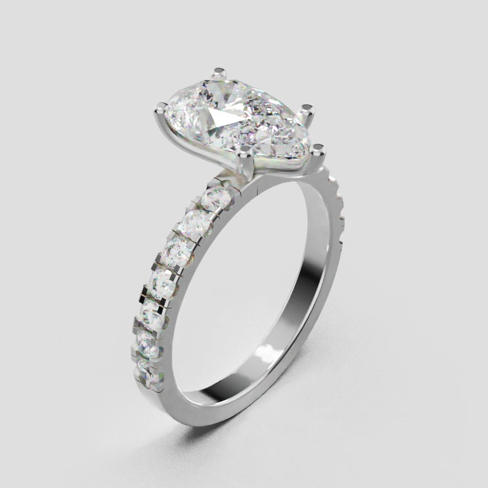 Corrente, 2ct pear lab grown diamond engagement ring, 2.0mm Pave, 5 Prongs, 18K white gold - turning